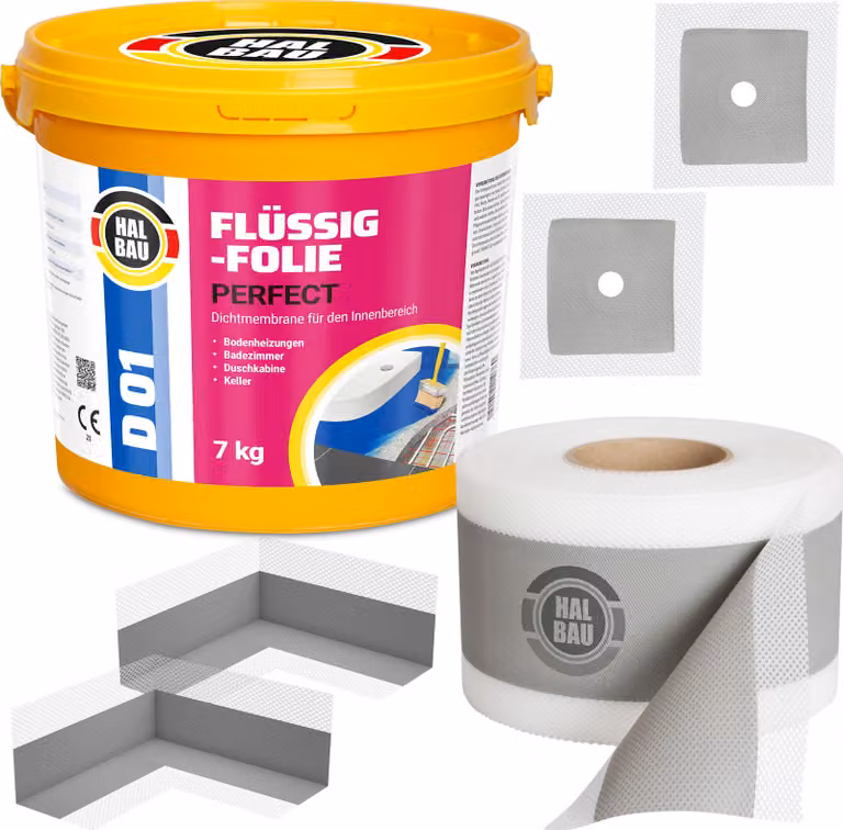 Kit di sigillatura: membrana liquida da 7 kg, nastro sigillante da 5 metri, angolari di sigillatura, guarnizioni Ø10 per doccia, bagno H12