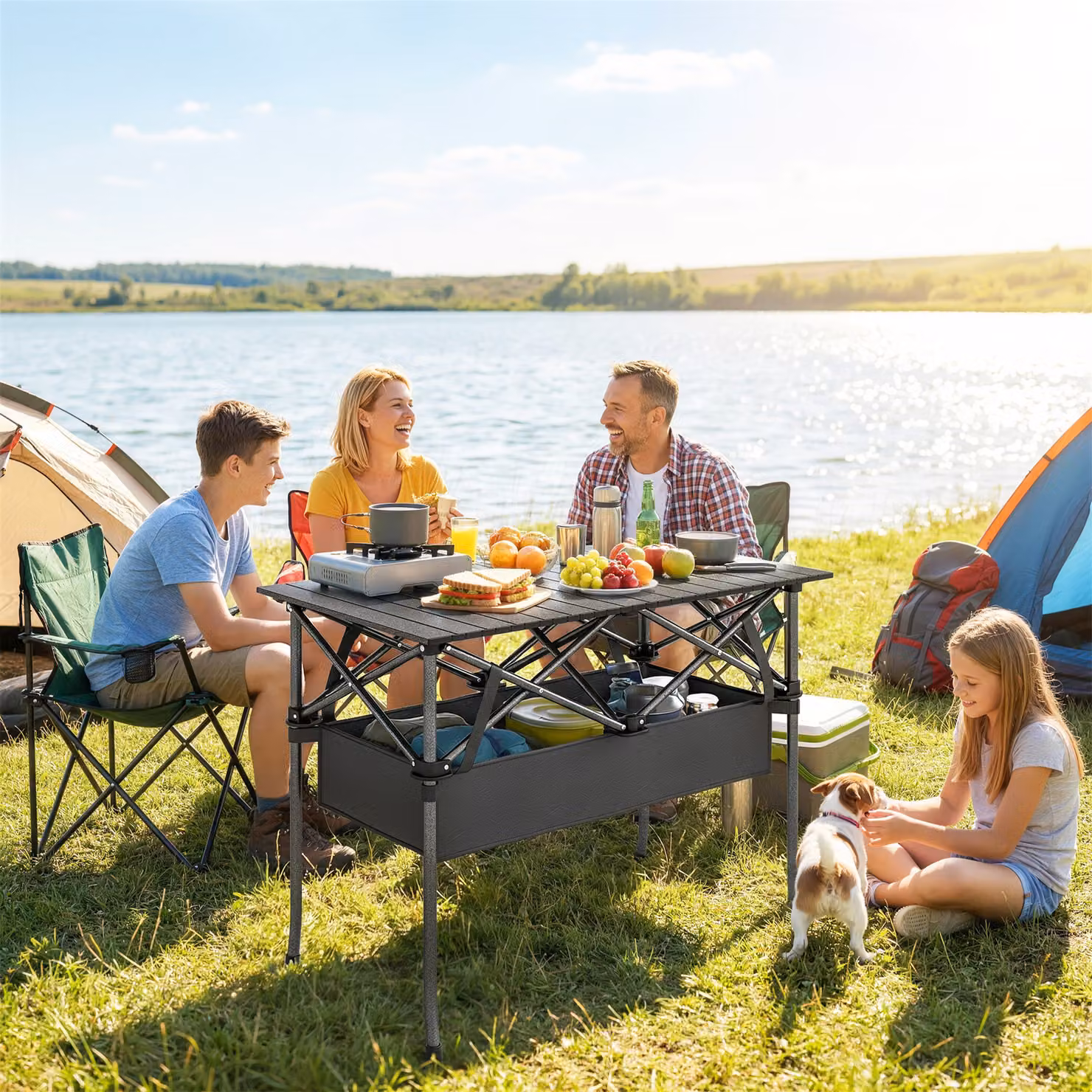 Outsunny Tavolo da Picnic Pieghevole Nero con Rete Portaoggetti e Struttura in Metallo – 2