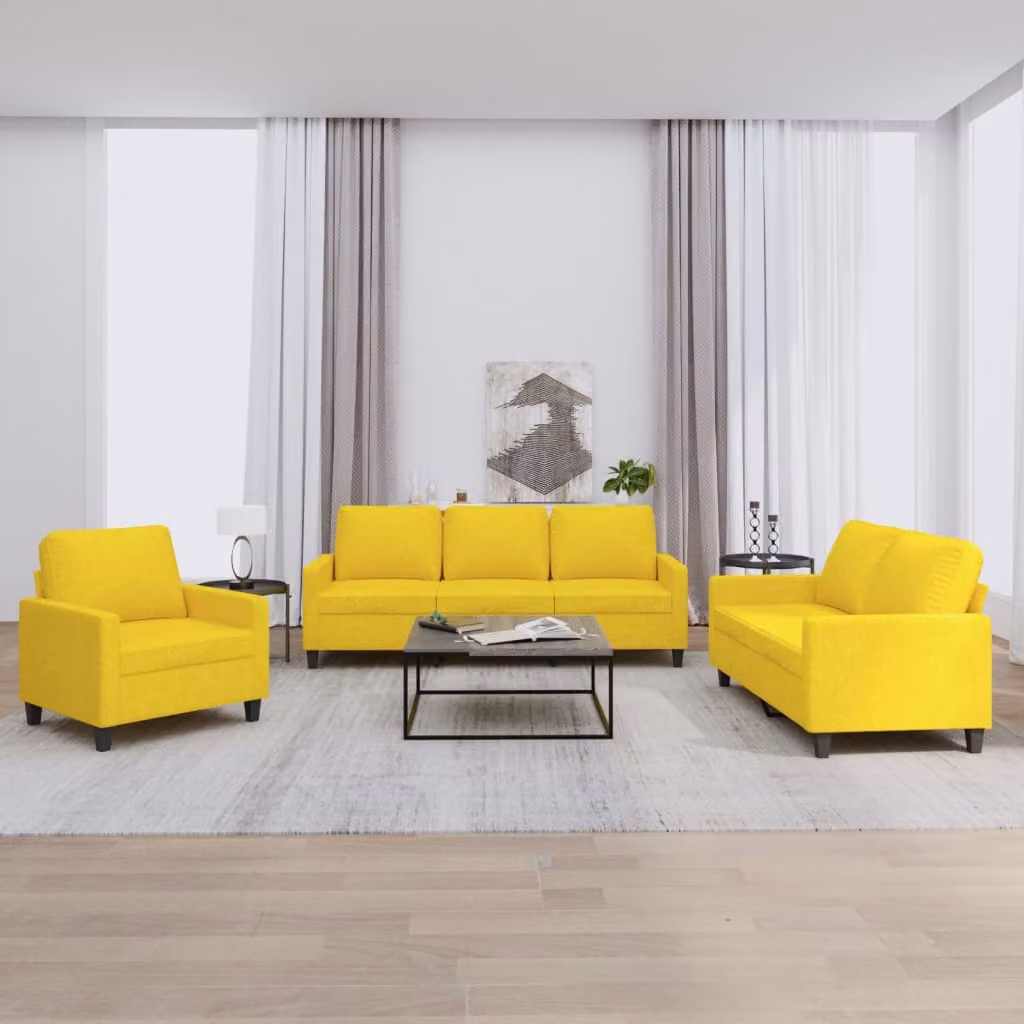 Set di divani vidaXL da 3 pezzi in tessuto giallo con cuscini e braccioli per soggiorno