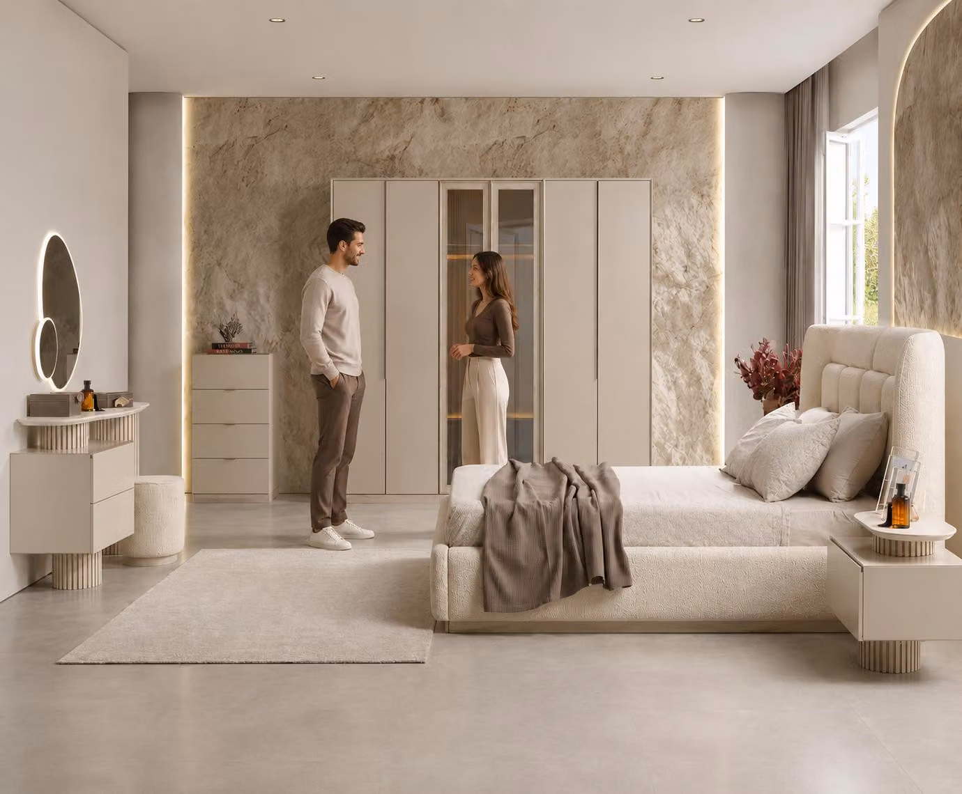 Letto matrimoniale, comodino, armadio, toeletta, cassettiera, beige, nuovo