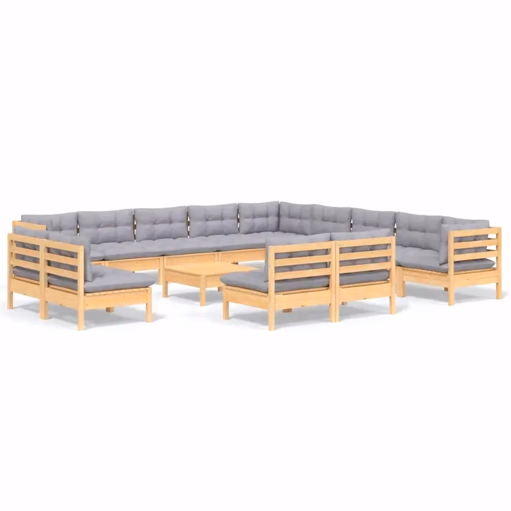 Set di divani da giardino a forma di U vidaXL in legno massello di pino con 14 pezzi e cuscini grigi – 2