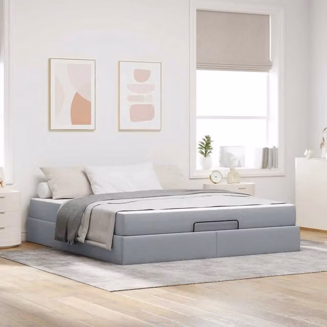 Letto matrimoniale con materasso in schiuma vidaXL, struttura imbottita in tessuto grigio con cassetti, L 180 cm x P 200 cm x H 43,5 cm