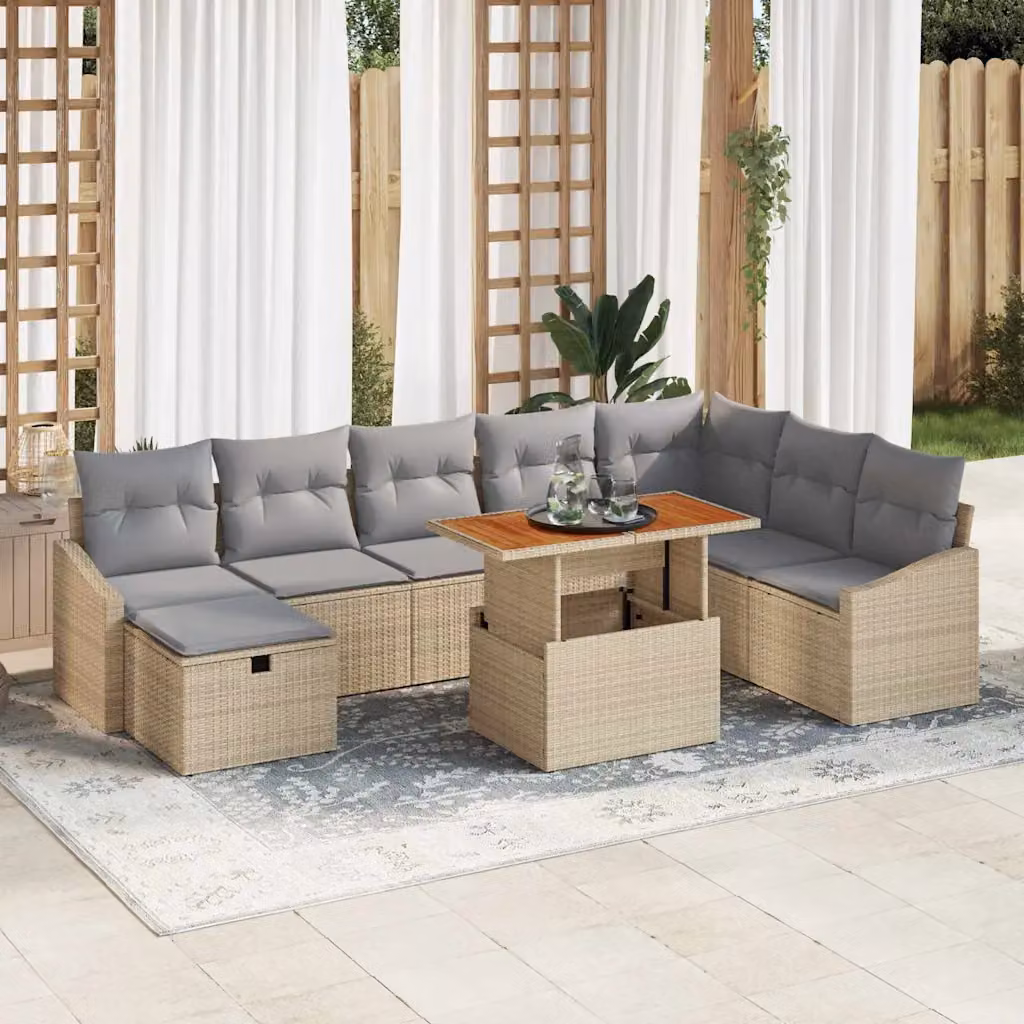 Set Divano da Giardino vidaXL in Polyrattan Beige con Cuscini e Tavolino da 9 Pezzi – 1