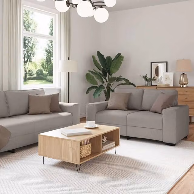 Set di divani vidaXL composto da un divano a 2 posti e uno a 3 posti in tessuto beige e grigio con cuscini coordinati e braccioli per soggiorno – 1