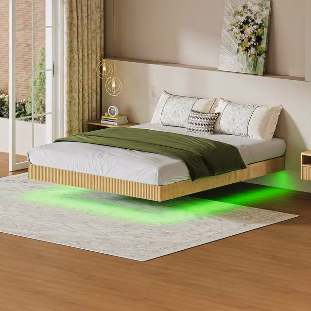 Letto Minimal con LED Rovere Chiaro e Struttura in Metallo L/P: 180 x 200 cm