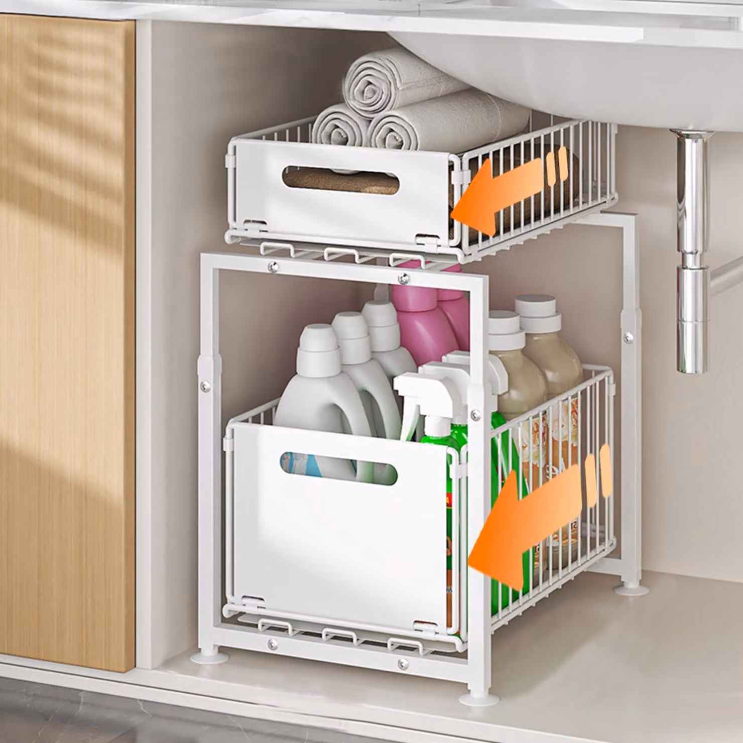 Ripiano metallico estraibile a 2 livelli, ideale per cucina e bagno