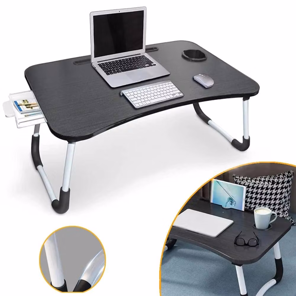 Tavolino da letto per laptop - Tavolo pieghevole per laptop - Portatile - Con cassetto - Porta bevande - Struttura in metallo - Rettangolare - 2,09 kg