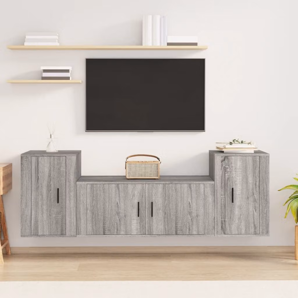 Set di mobili porta TV da soggiorno vidaXL in 3 pezzi, colore grigio, in legno e MDF, modello classico a parete