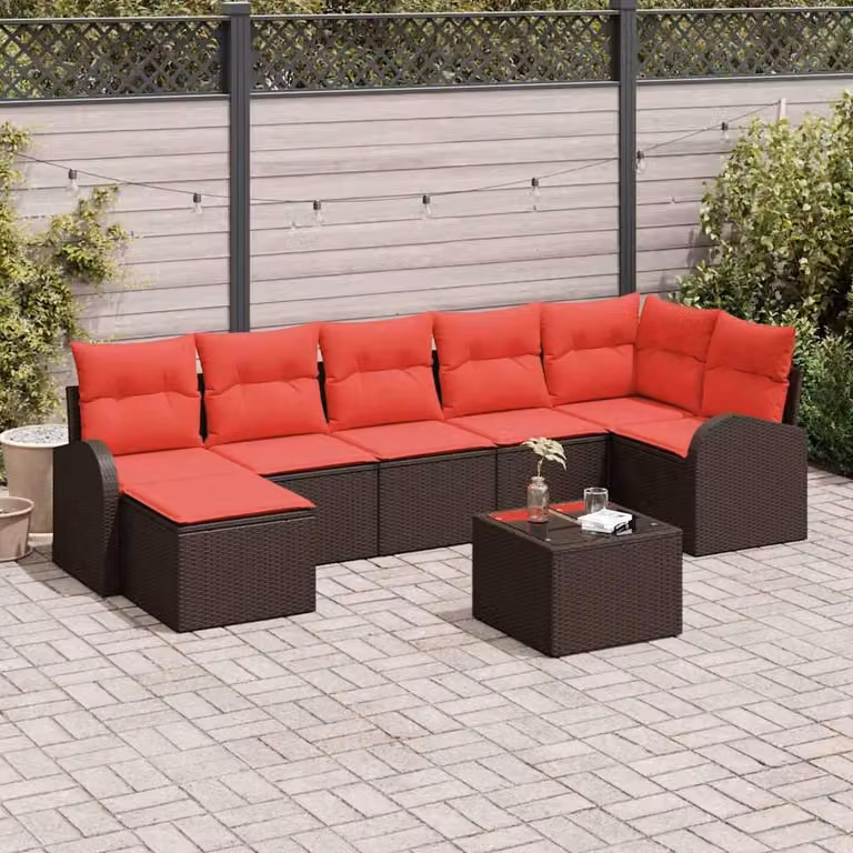 Maison Exclusive - Set di divani da esterno, 8 pezzi, color marrone e rosso, in rattan sintetico