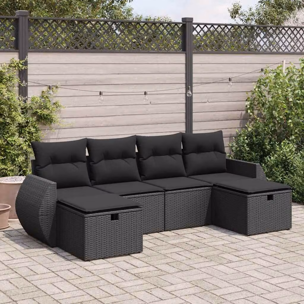 Set Divano da Giardino vidaXL 6 pz a Forma a L con Cuscini Neri in Polyrattan e Acciaio