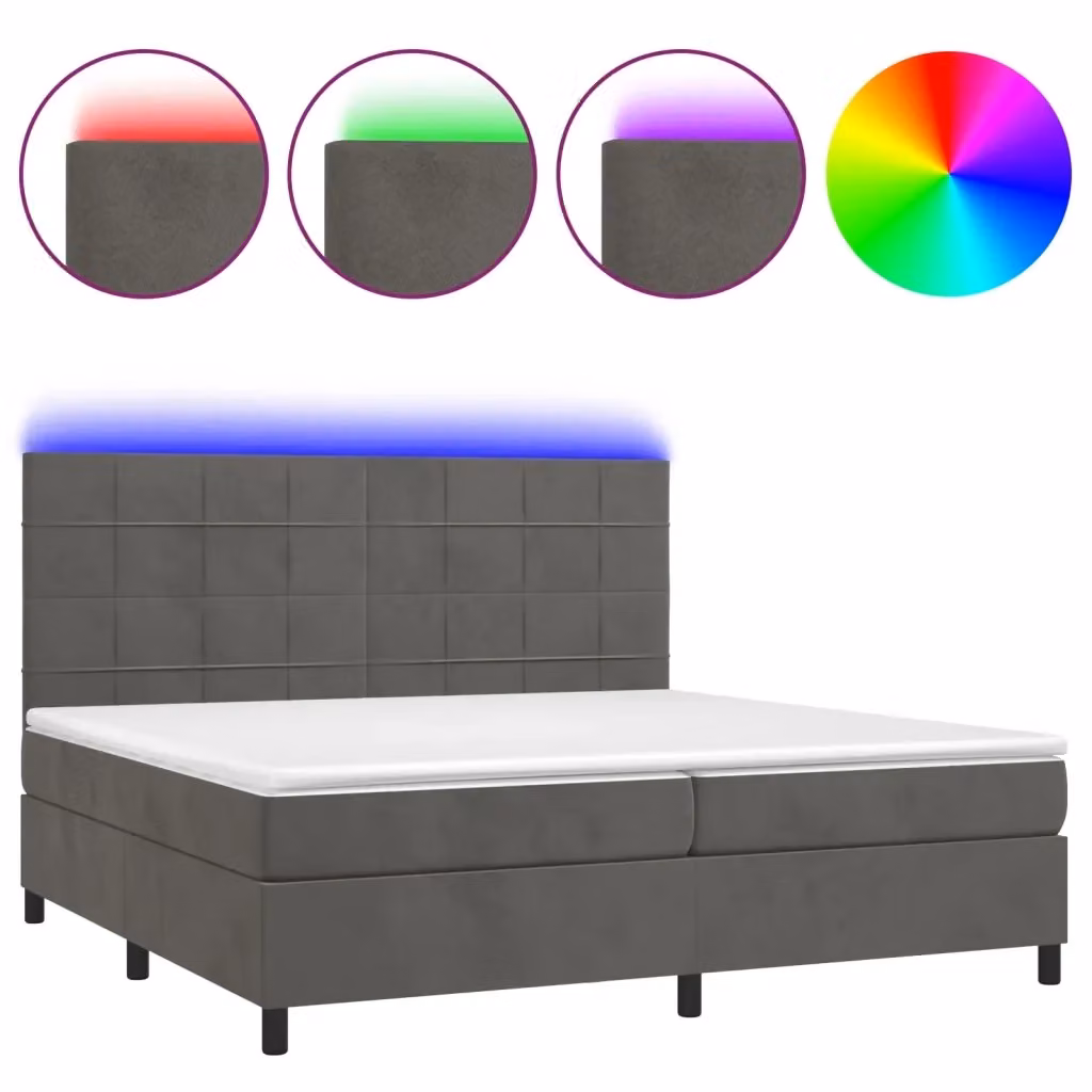 vidaXL Letto Ibrido con Materasso e Illuminazione LED in Velluto Grigio L: 200 cm, P: 200 cm, H: 203 cm – 2