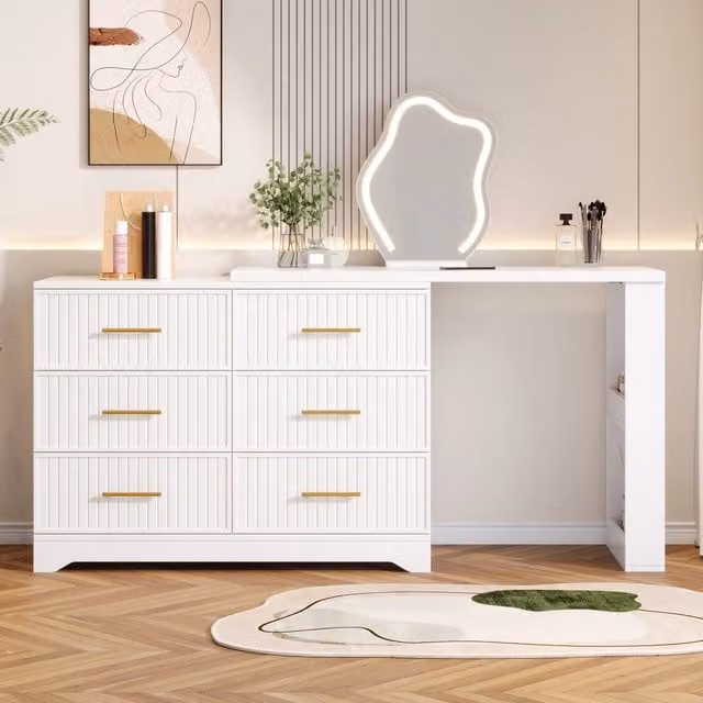 Toeletta Trucco Girevole a Forma di L 110x40x129 cm con Specchio LED a 3 Colori; Tavolo da Trucco e Scrivania 2 in 1 con 6 Cassetti; Bianco e Oro