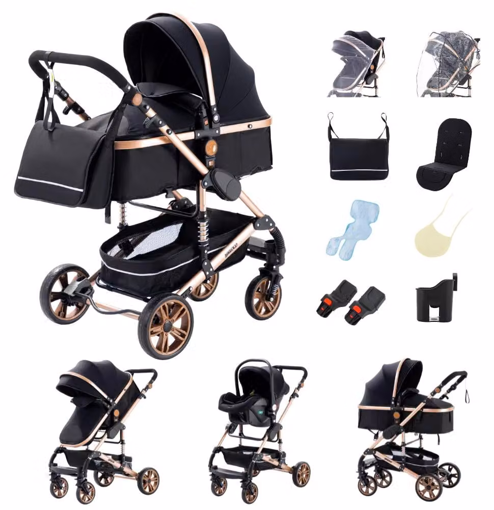 Passeggino, design 3-in-1, ampia visuale, modello 739 color oro e nero
