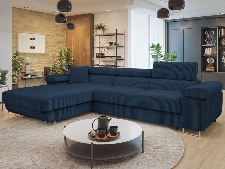 MIRJAN24 Divano ad angolo Torezio Mini Cord, elegante divano ad angolo con contenitore e funzione letto, poggiatesta regolabili, 280x170x70-90 cm (colore: Poso 05, lato: sinistro)