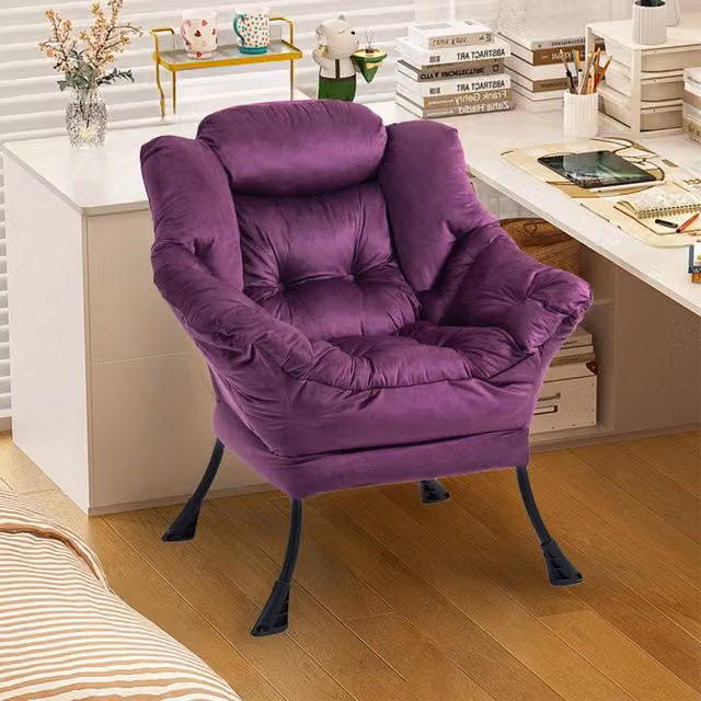 Poltrona relax OKWISH in velluto viola con struttura in metallo e poggiatesta imbottito – 1