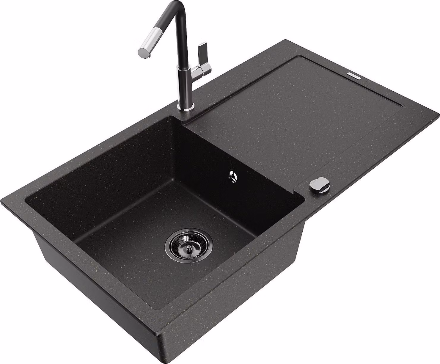 Mexen Leo lavello in granito a 1 vasca con scolapiatti e rubinetto da cucina Flora, nero/oro metallizzato - 6501-75-670401-07-B