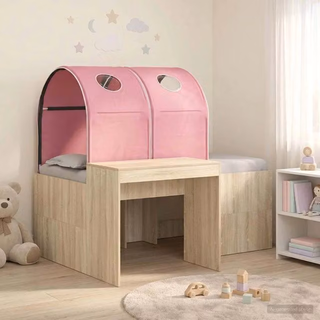 Letto singolo rialzato con tunnel per bambini vidaXL in legno ingegnerizzato, colore Rovere e Rosa, L/P/H: 160 x 80 x 123,5 cm