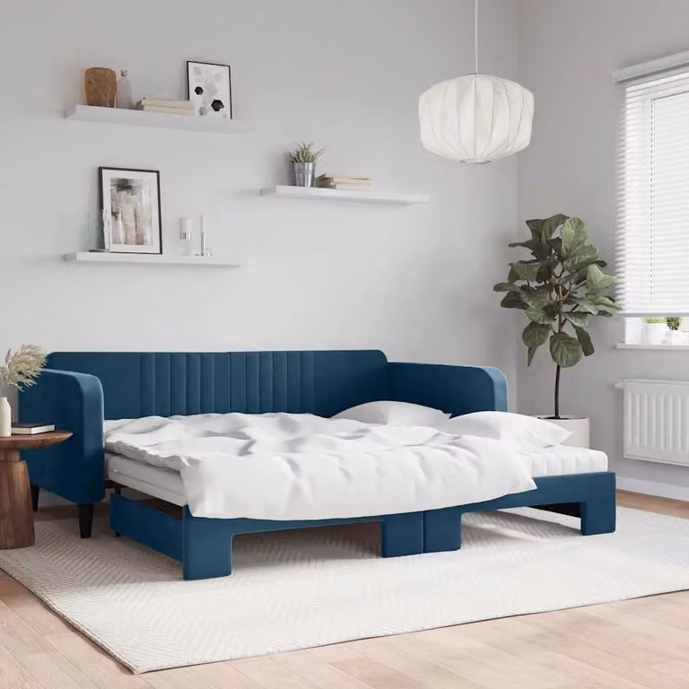 vidaXL Divano Letto Estraibile in Velluto Blu con Materasso in Schiuma L/P/H: 223 x 100 x 75 cm
