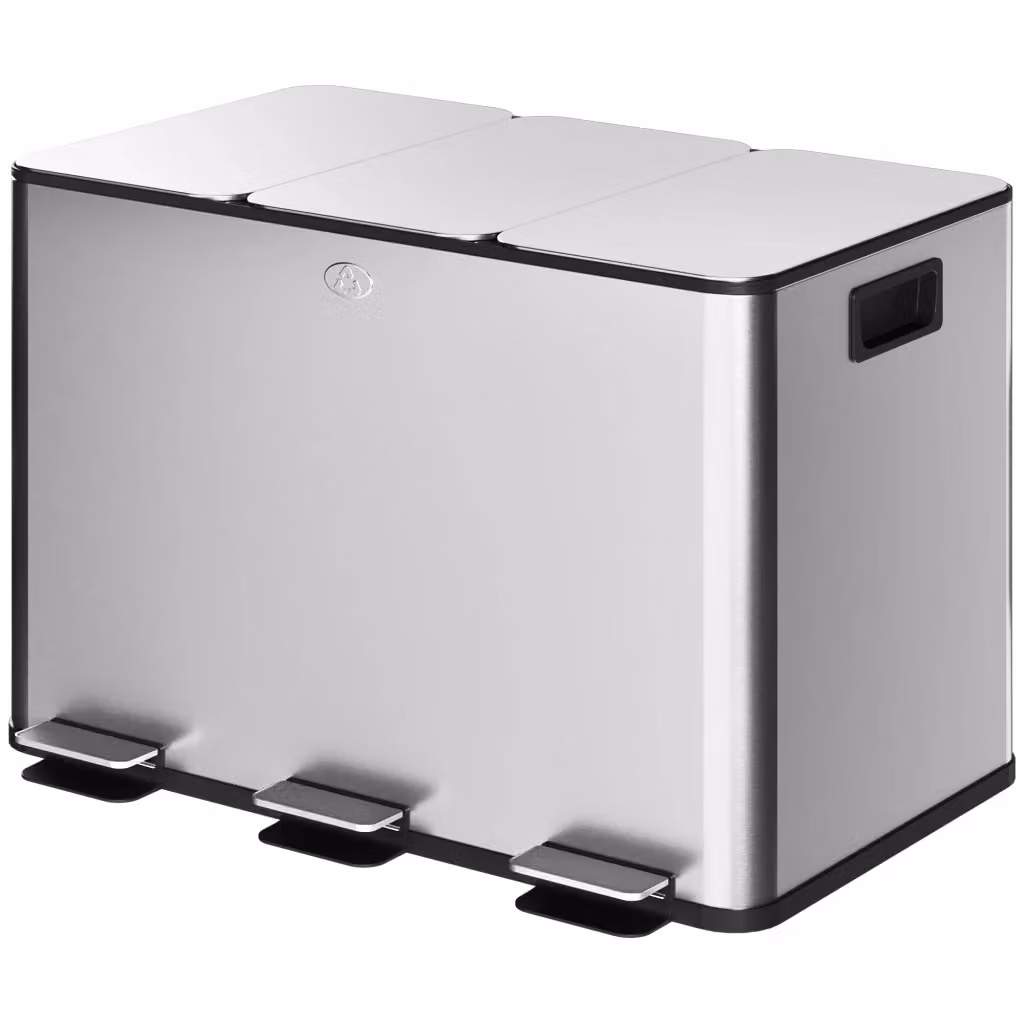 Pattumiera da cucina XYLO in acciaio inox con 3 scomparti da 10L, pedale e coperchio soft close, colore argento – 2
