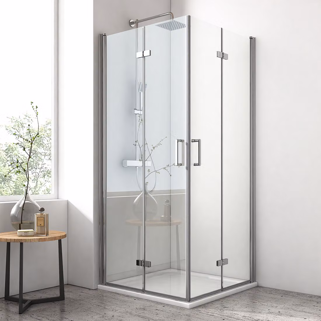 Cabina doccia EMKE 75x75x195 cm, ingresso angolare, porta pieghevole, parete doccia senza telaio, rivestimento nano su entrambi i lati