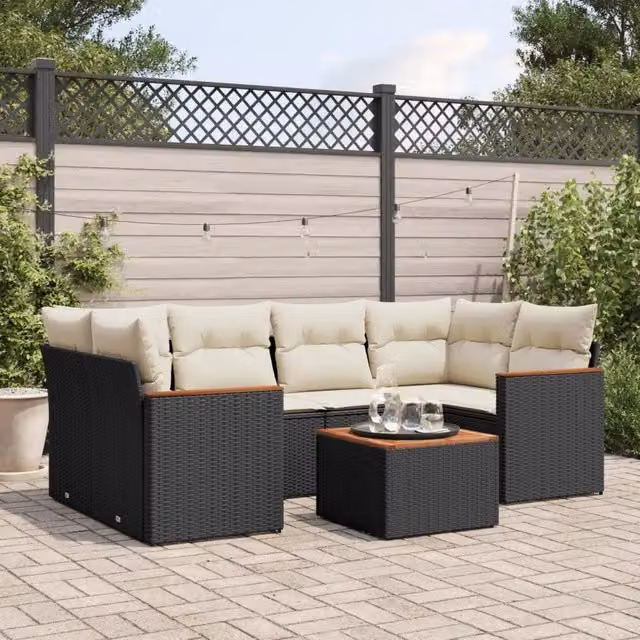 Set da giardino moderno vidaXL composto da 7 pezzi con poltrona lounge, divano a 2 posti, elemento angolare, tavolino da caffè e cuscini bianchi in polyrattan e metallo nero – 1