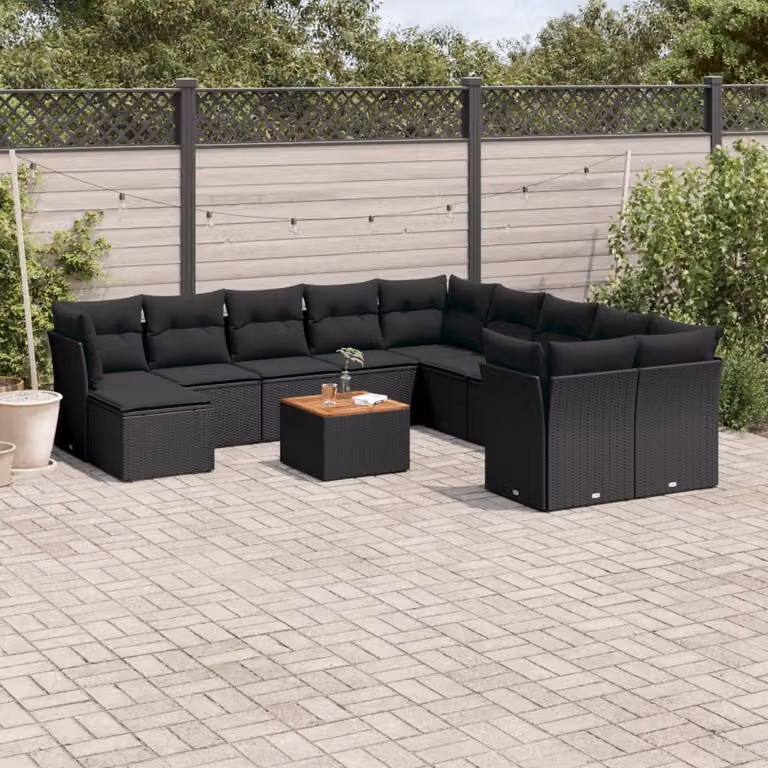 Set di divani da giardino vidaXL a forma di U composto da 12 pezzi in polyrattan nero con cuscini e tavolino da esterno