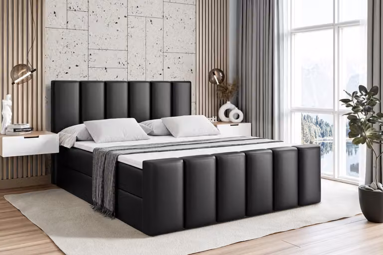 Letto boxspring ALTDECOR con pediera, materasso H4 e topper - 180x200 cm - BOXI1-Z - Pelle finta nera - Letto imbottito con contenitore e rete a doghe, letto con spazio contenitivo