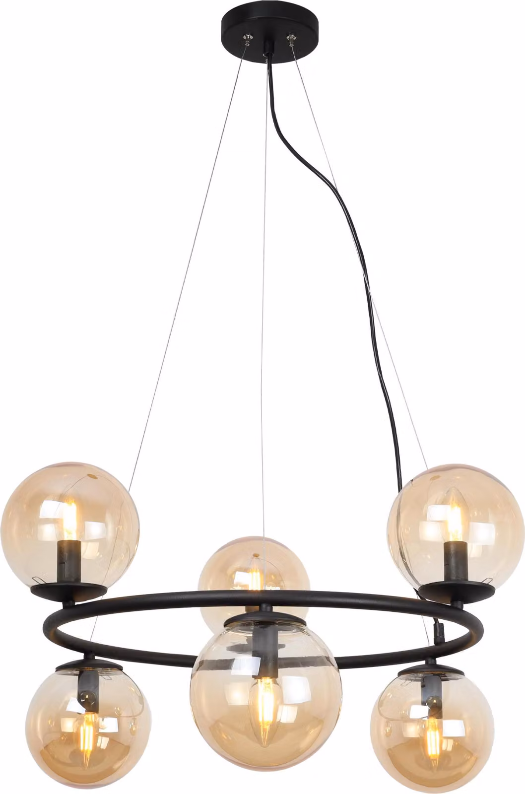 Lampada a sospensione Aura nero 6 luci vetro miele E14