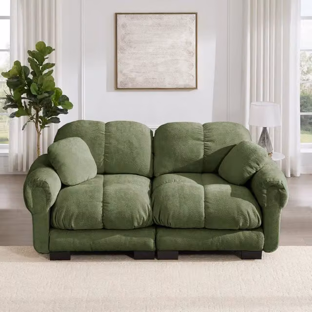 Divano modulare in ciniglia verde 190x86x90 cm con cuscini trapuntati