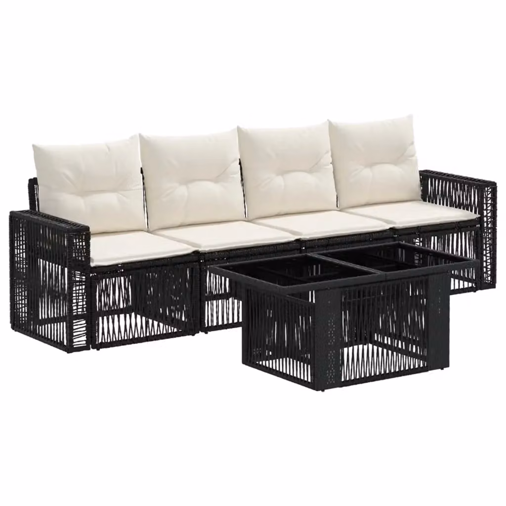 Set da giardino moderno vidaXL in polyrattan composto da 5 pezzi con divano a 3 posti, poltrone e tavolino da caffè, colore nero e bianco crema con cuscini inclusi e rivestimenti rimovibili – 2