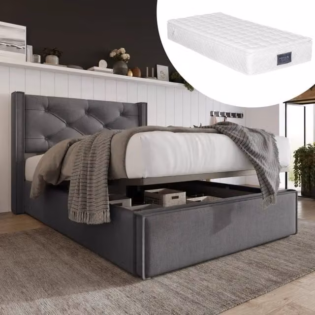 Letto imbottito contenitore 90x200 cm con rete sollevabile; cotone grigio
