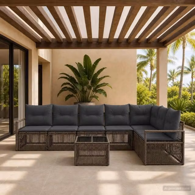 Set Divano da Giardino a L con Tavolino vidaXL, 8 Pezzi, Grigio con Cuscini e Struttura in Metallo e Polyrattan – 1