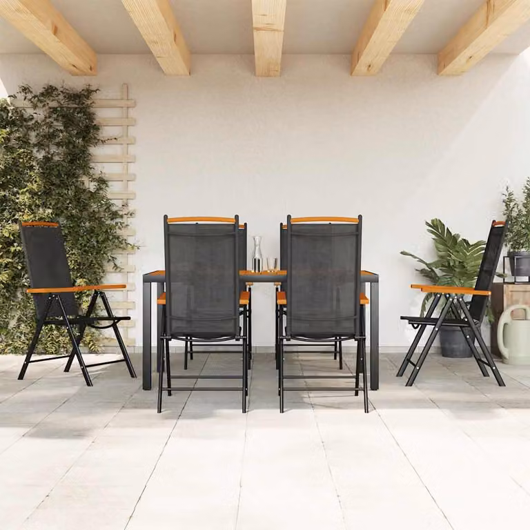 Set da pranzo da giardino vidaXL in alluminio nero e marrone con 7 pezzi e tavolo rettangolare moderno