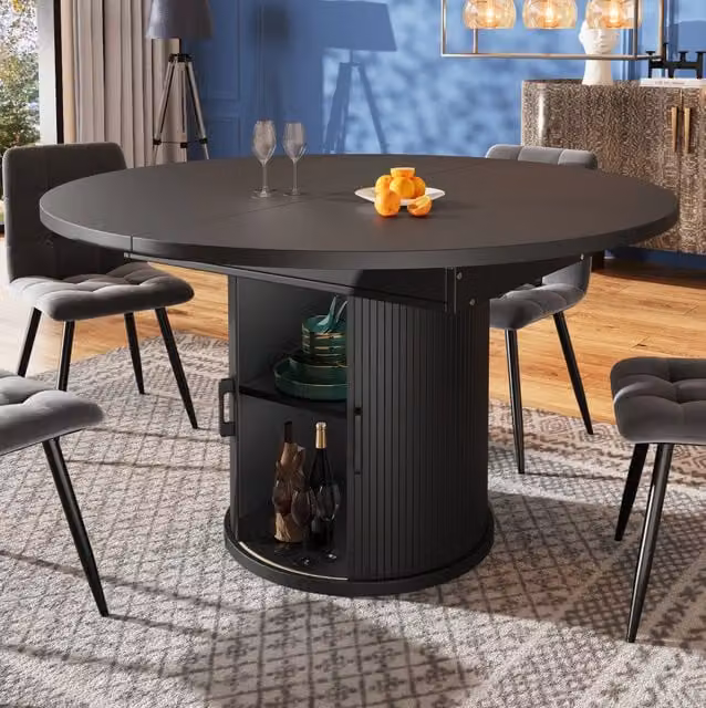 Tavolo da pranzo estensibile ULEVR 118-158x118 cm con vano contenitore e 6 piedini regolabili, nero