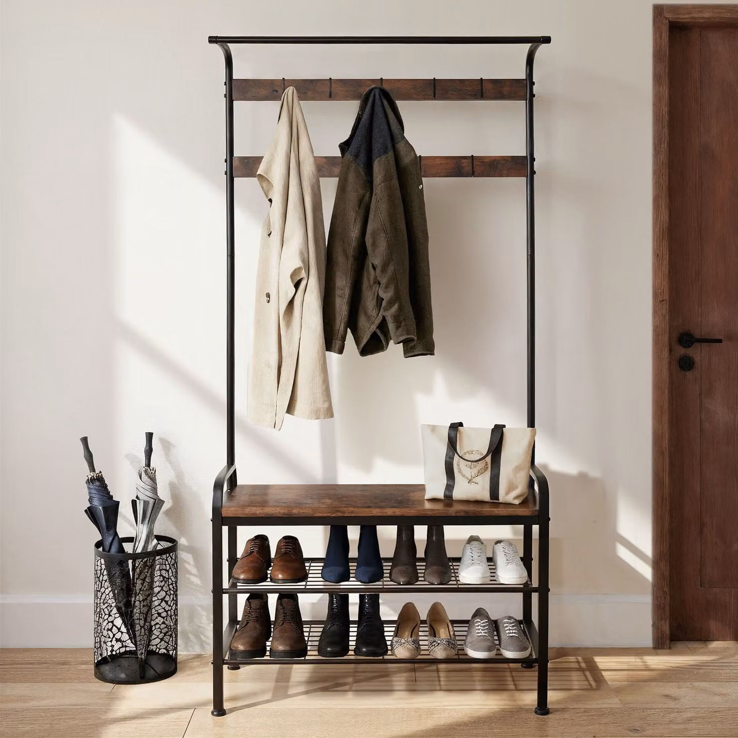 Guardaroba con panca e appendiabiti in stile industriale TecTake GmbH, colore marrone, L: 85,5 cm, P: 36,0 cm, H: 184,0 cm – 2