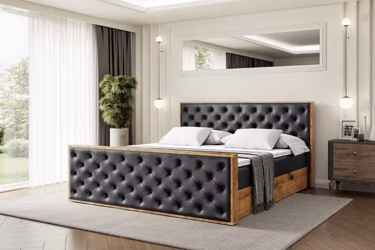 Letto boxspring ALTDECOR con materasso e rete a doghe, topper, pediera, letto imbottito con contenitore, letto con spazio contenitivo, materasso H3, letto matrimoniale, letto a cassettoni - LOLLI3-Z - 200x200 - Ecopelle nera