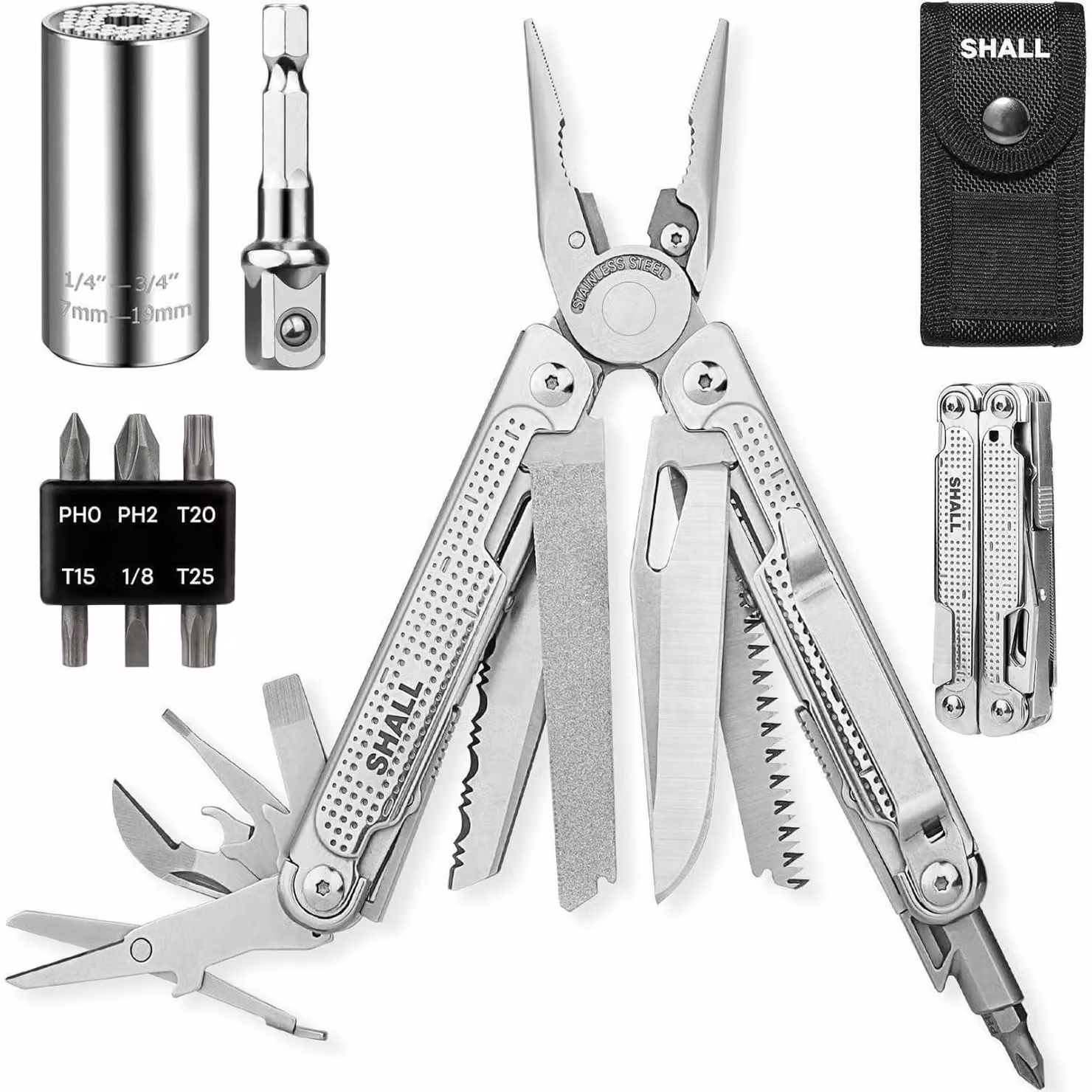 Multitool 18-in-1 con punte per cacciavite e chiave universale, ideale per attività all'aperto e lavori di bricolage