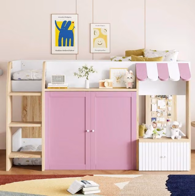 Letto rialzato per bambini a forma di casetta con scala e spazio inferiore; 90 x 200 cm; legno; rosa e bianco