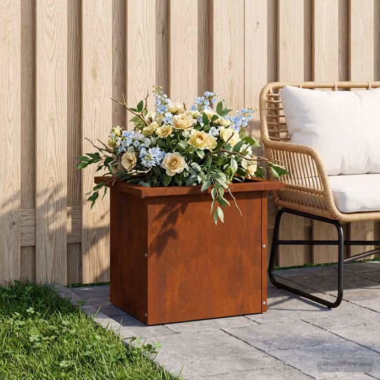 vidaXL Fioriera da giardino in acciaio con LED, colore marrone, L 40 cm x P 30 cm x H 30 cm