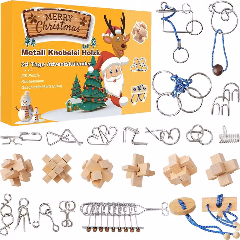 Calendario dell'Avvento 2024 giochi puzzle in metallo e legno 3D per bambini e adulti