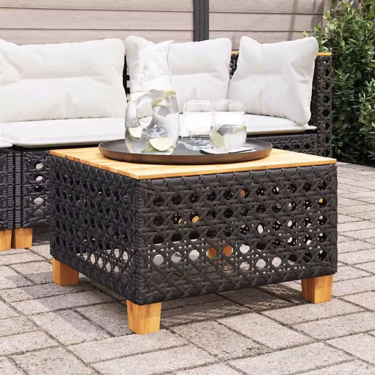 vidaXL Tavolo da giardino quadrato in polyrattan e legno di acacia nero e marrone L/P/H: 55 x 55 x 36 cm