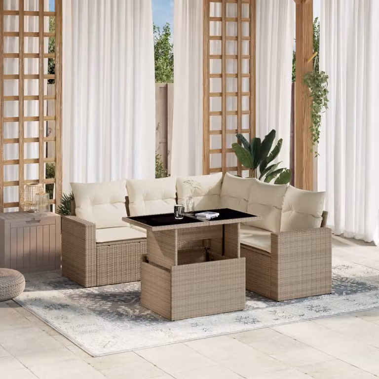 vidaXL Set Divano da Giardino a L in Polyrattan Beige con 6 Pezzi e Cuscini