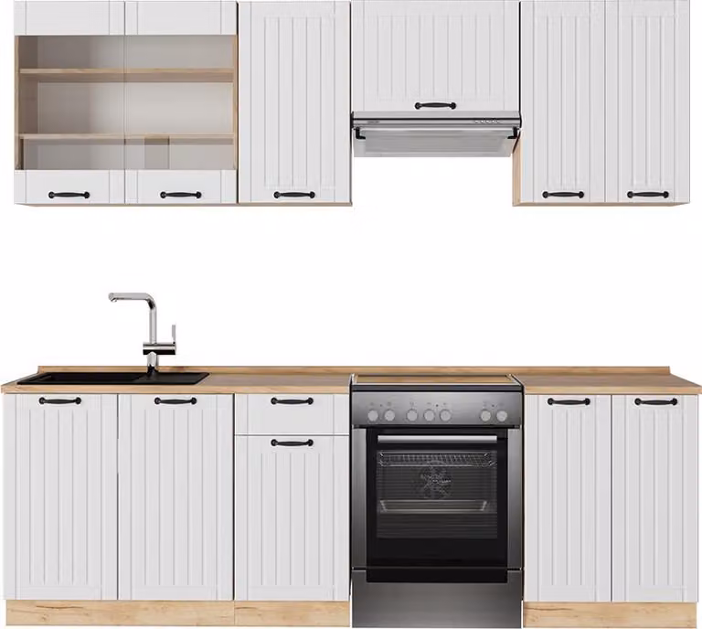 Cucina componibile Vicco Fame-Line Bianco rustico 240 cm , PL Rovere, Model 57248