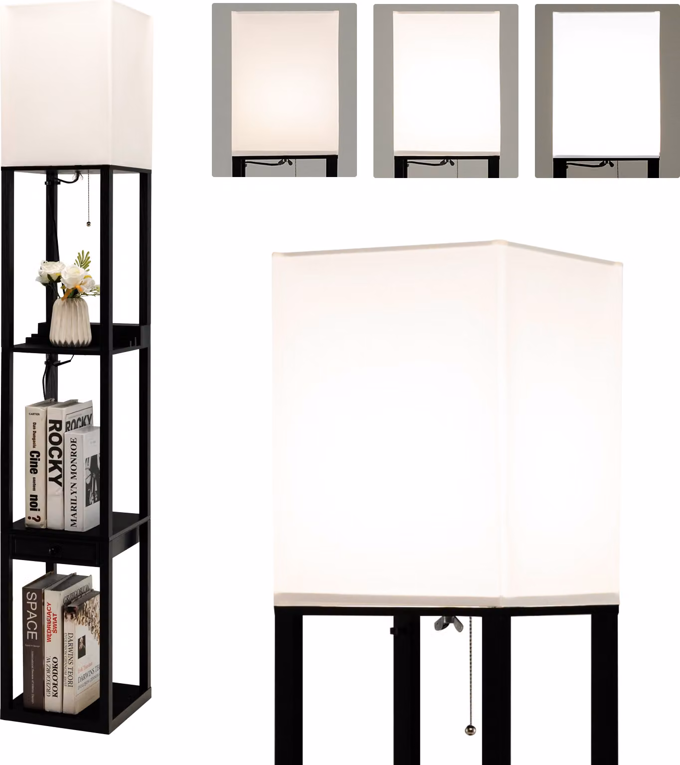 COSTWAY lampada da terra 160cm, ripiano a 3 livelli con connessione USB, in legno, per E27