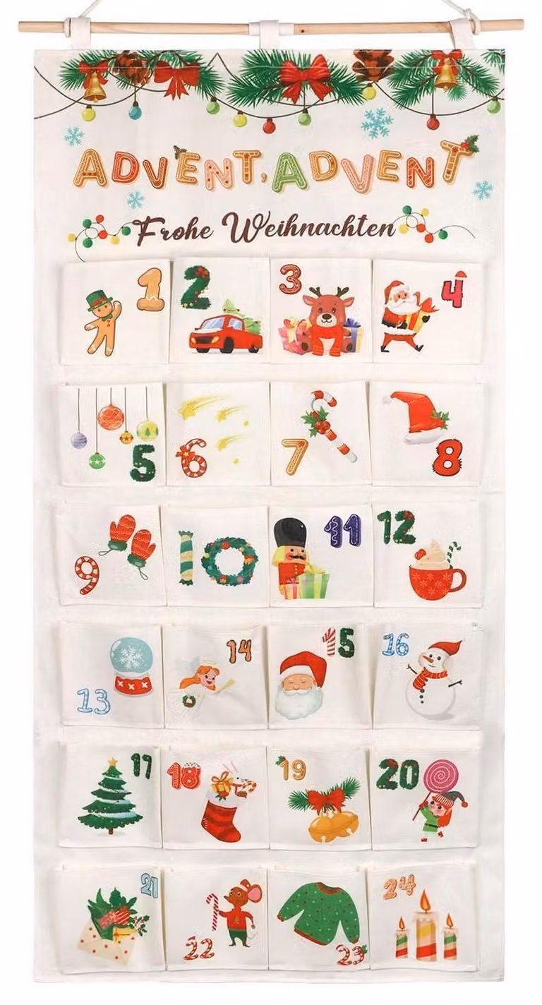 Calendario dell'Avvento riutilizzabile, da riempire con 24 sacchetti in tessuto, dimensioni 100 x 49 cm, realizzato in tela
