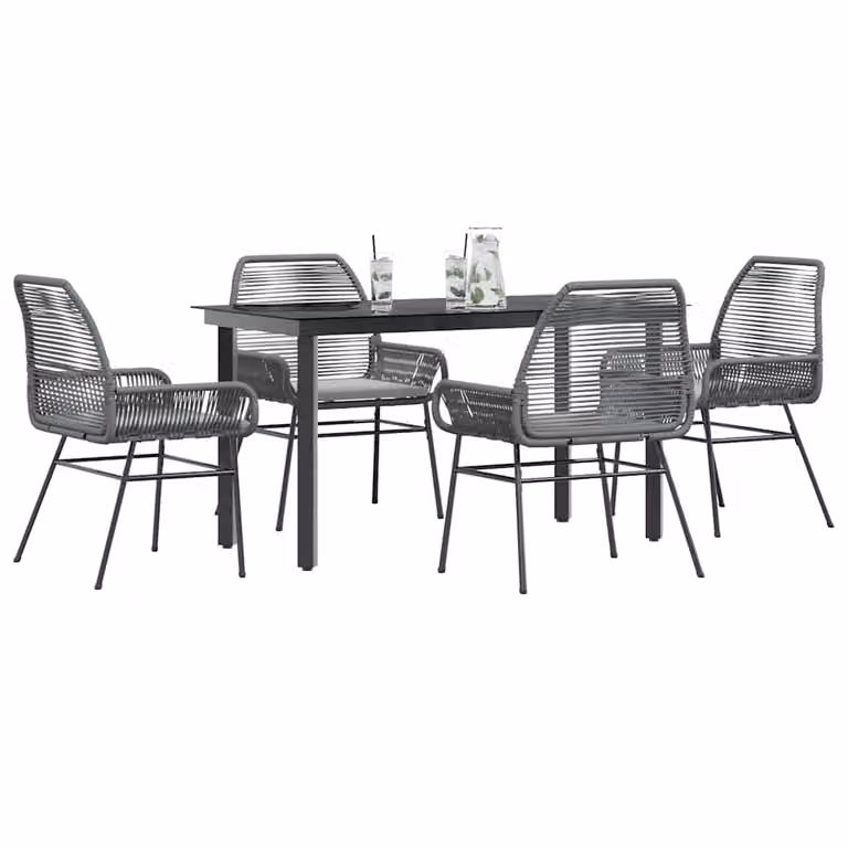 Set da pranzo da giardino vidaXL in polyrattan con tavolo in vetro e 5 sedie con cuscini, grigio e nero