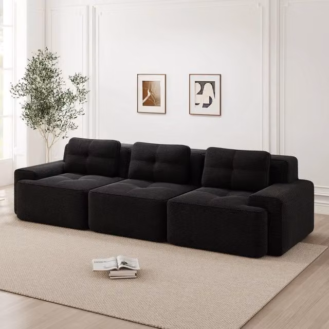 Divano modulare basso in velluto a coste; seduta profonda 74 cm; nero; 293 x 104 x 69 cm