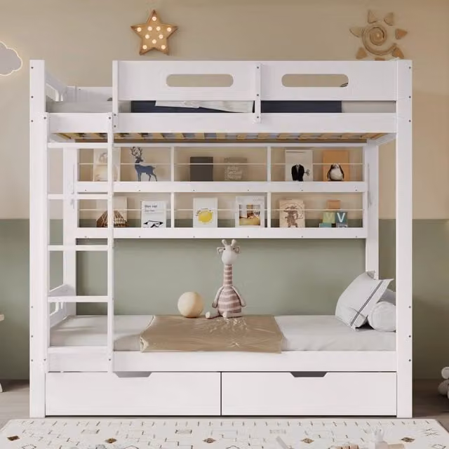 Letto a castello per bambini - Zephmum - 90x200cm - Bianco - Cassetti e scaffale