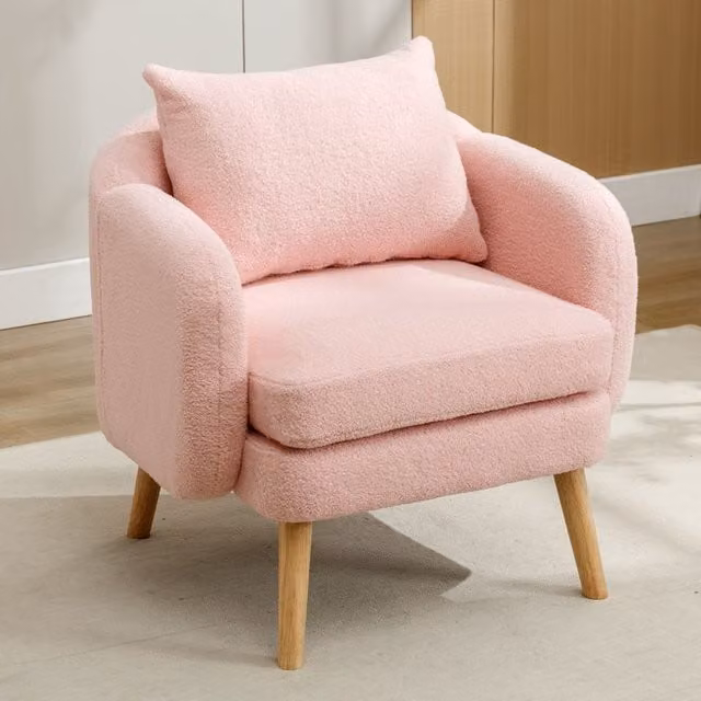 Poltrona Relax Moderna Aosom in Velluto Teddy e Bouclé Rosa con Piedini in Legno per Soggiorno e Camera da Letto – 1