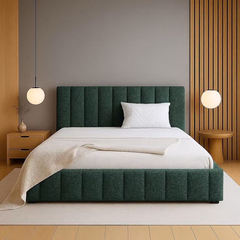 Letto imbottito GUTTO verde 180x200 a doghe metalliche in tessuto boucle teddy di qualità con box letto e contenitore